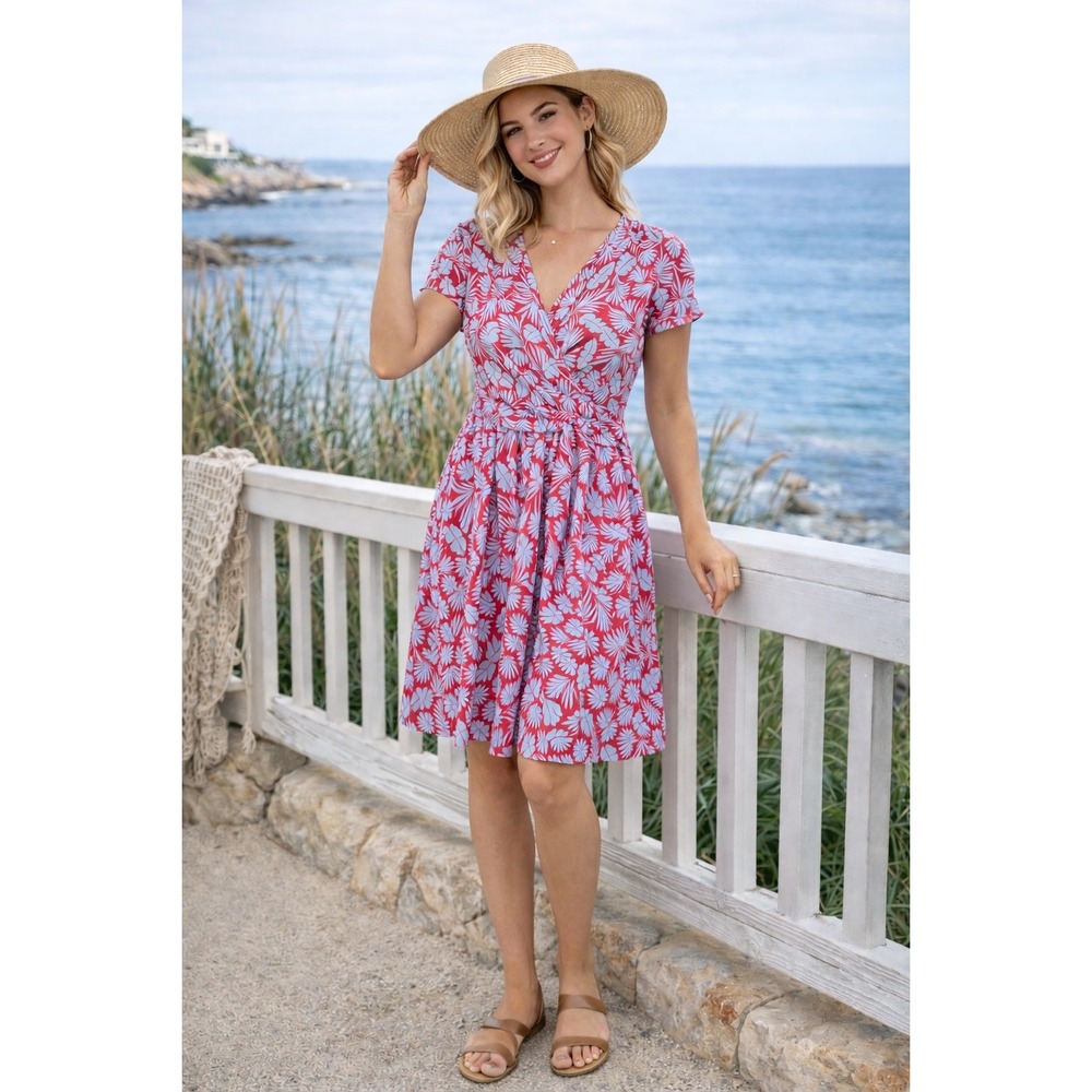 Boden Wrap Maxi Dress Tropical Red‎ Blue Leaf Print Size 8R (L513)